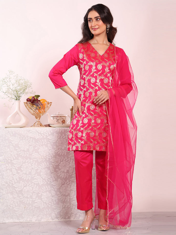 Pink Embroidered Art Silk Kurta Pant with Dupatta