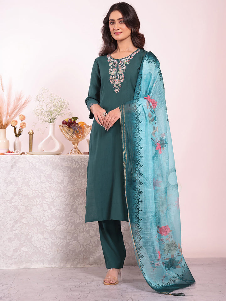 Teal Blue Embroidered Art Silk Kurta Pant with Dupatta