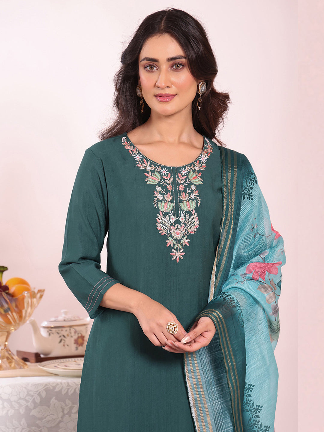 Teal Blue Embroidered Art Silk Kurta Pant with Dupatta