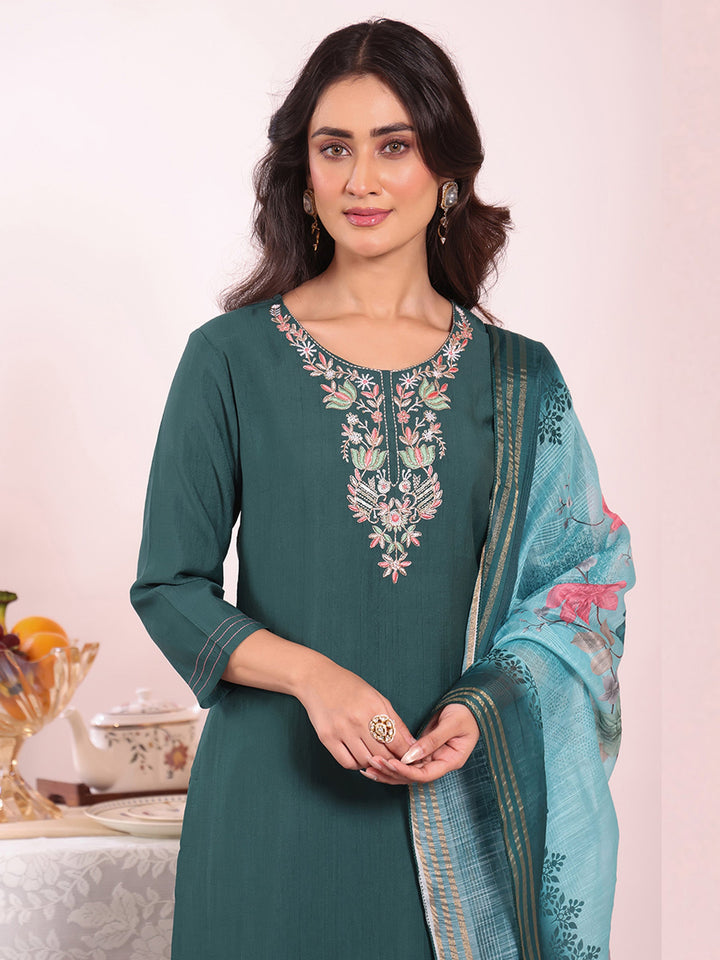 Teal Blue Embroidered Art Silk Kurta Pant with Dupatta