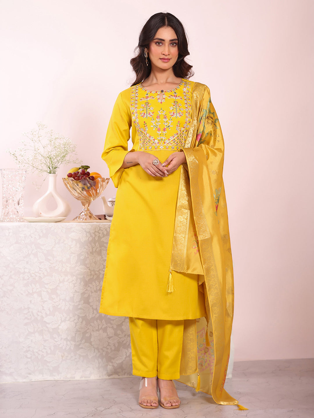 Yellow Embroidered Art Silk Kurta Pant with Dupatta
