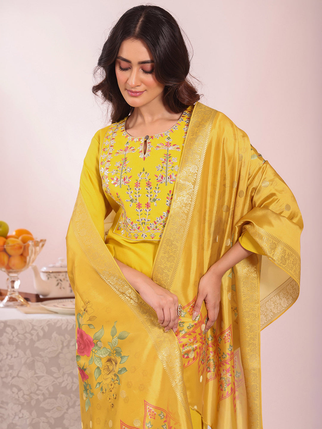 Yellow Embroidered Art Silk Kurta Pant with Dupatta