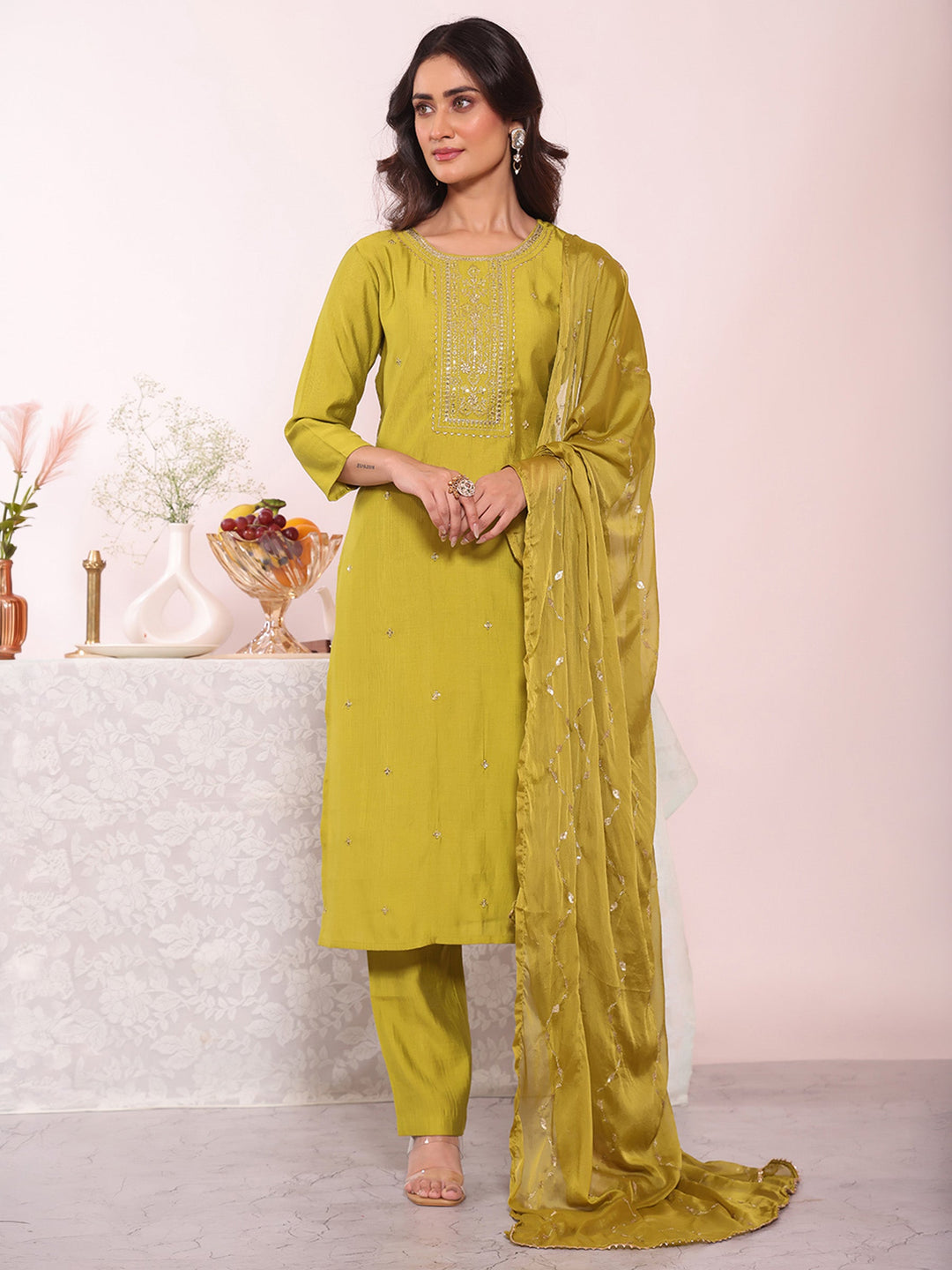 Olive Green Embroidered Art Silk Kurta Pant with Dupatta