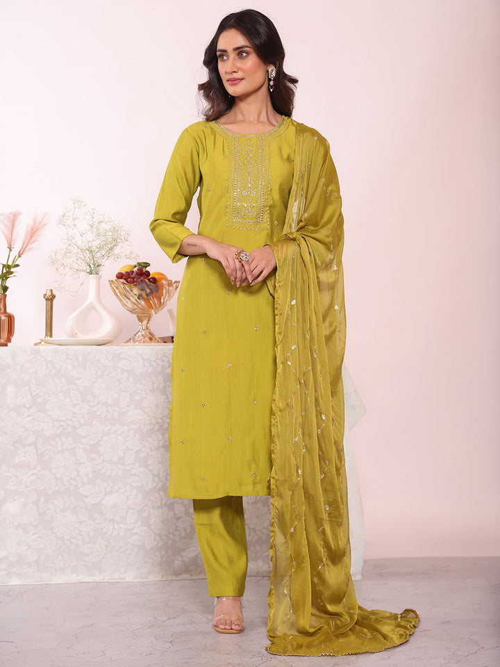 Olive Green Embroidered Art Silk Kurta Pant with Dupatta