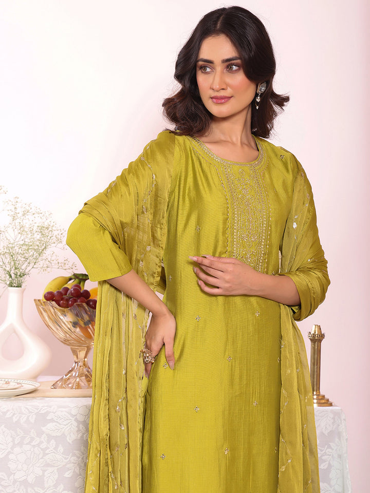 Olive Green Embroidered Art Silk Kurta Pant with Dupatta