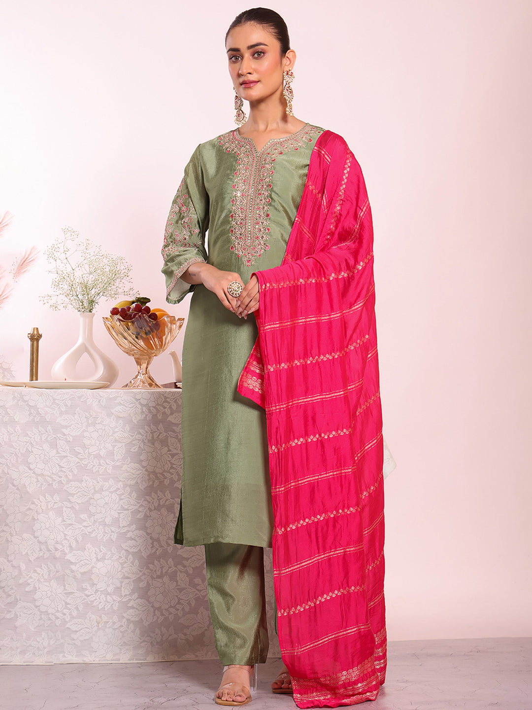 Sea Green Embroidered Art Silk Kurta Pant with Dupatta