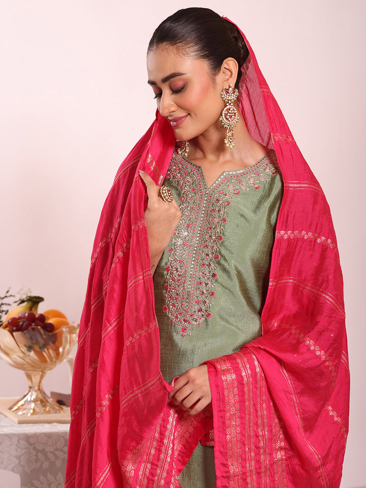 Sea Green Embroidered Art Silk Kurta Pant with Dupatta