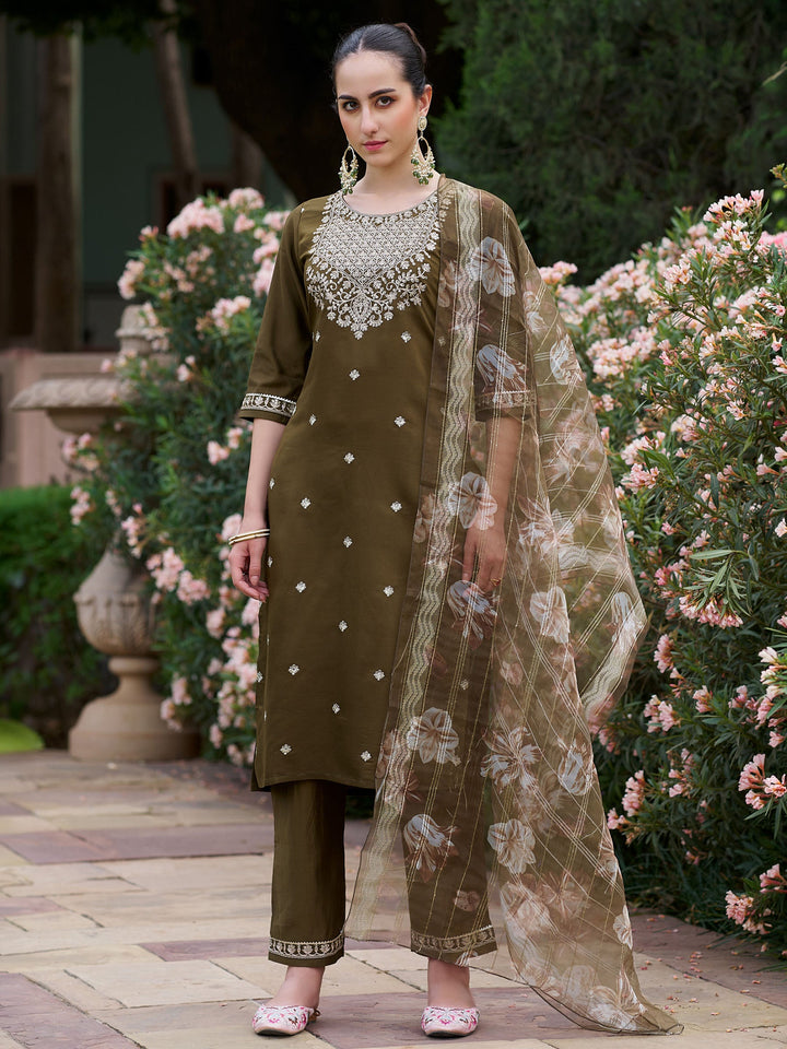 Mehndi Embroidered Art Silk Kurta Pant with Dupatta