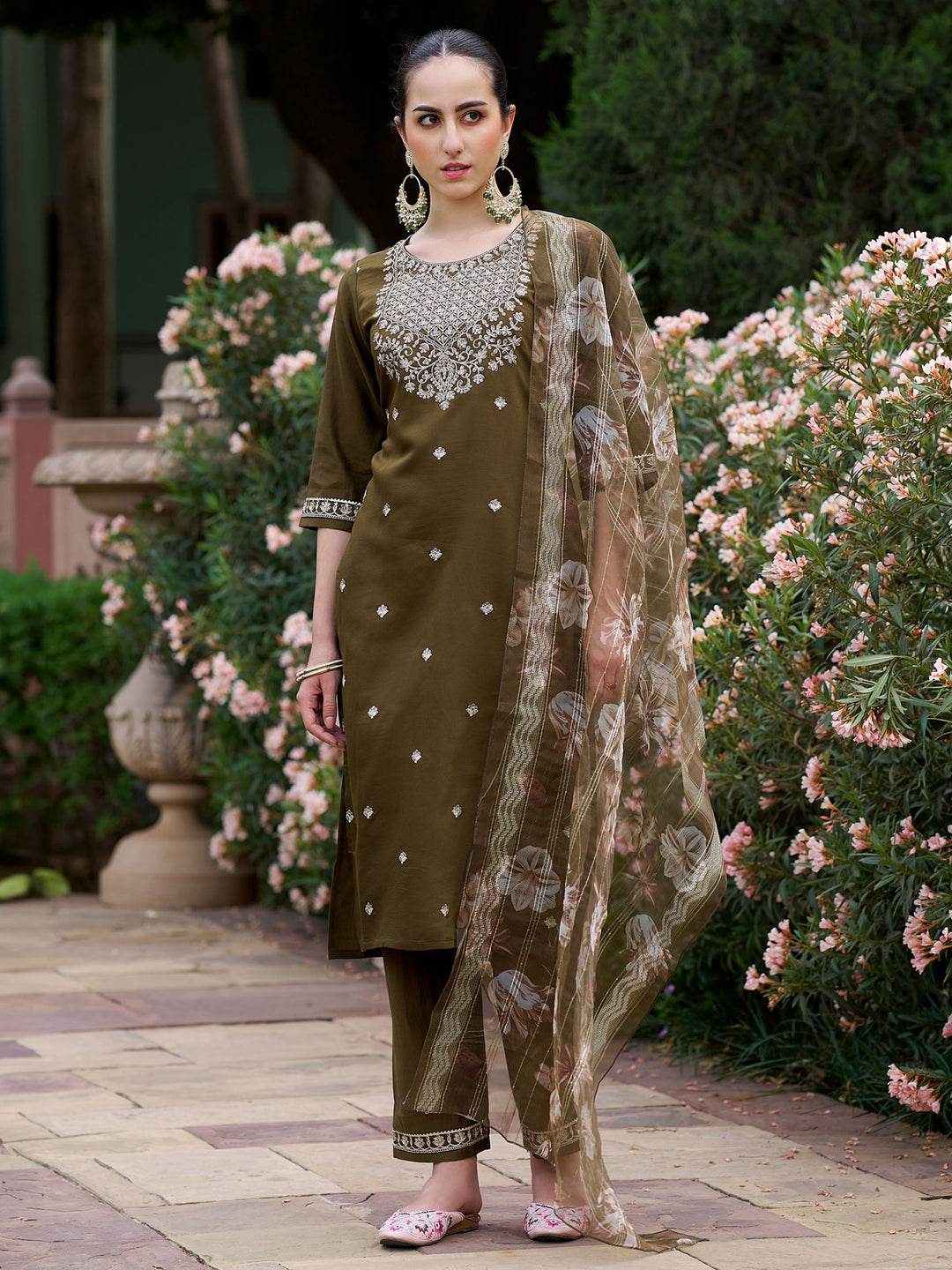Mehndi Embroidered Art Silk Kurta Pant with Dupatta