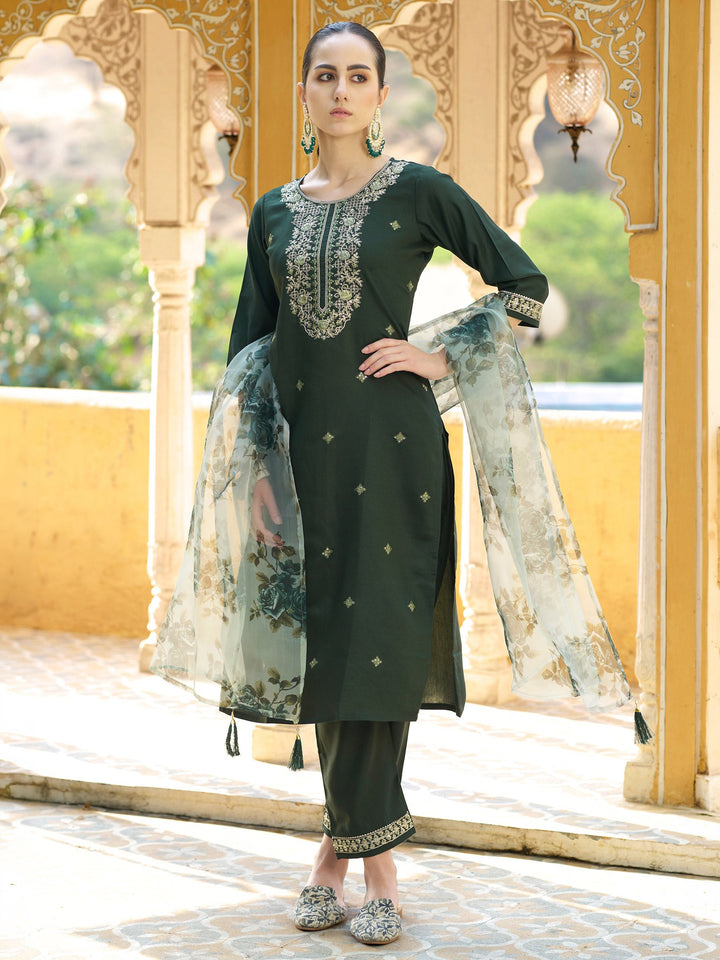 Bottle Green Embroidered Art Silk Kurta Pant with Dupatta