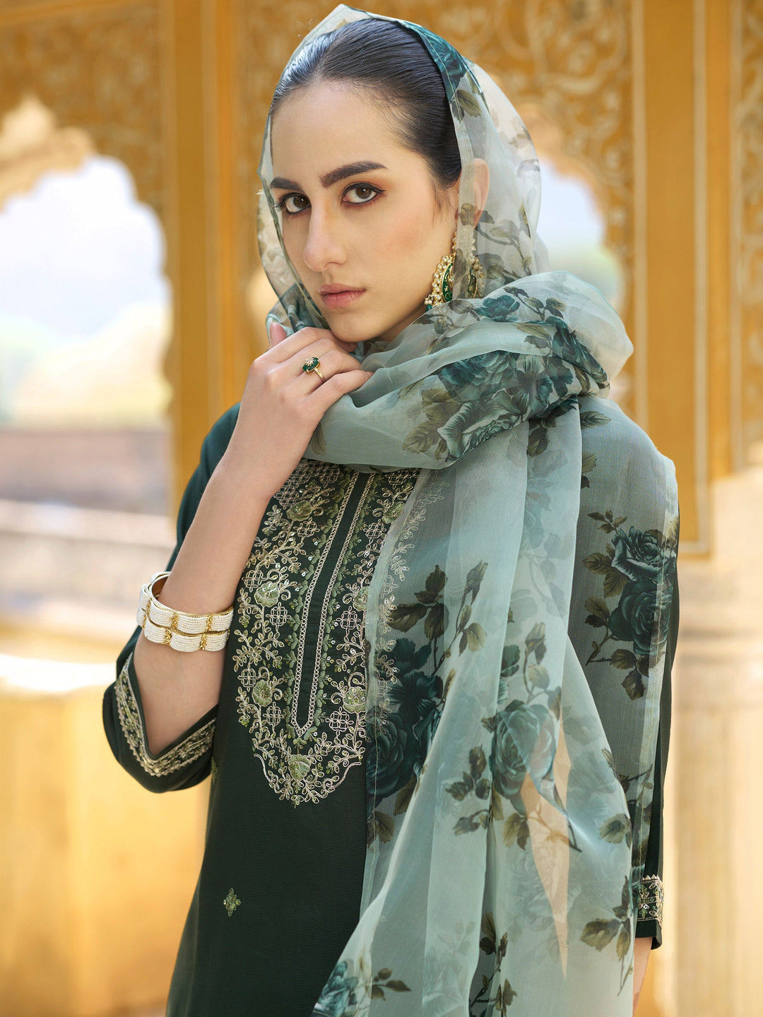 Bottle Green Embroidered Art Silk Kurta Pant with Dupatta