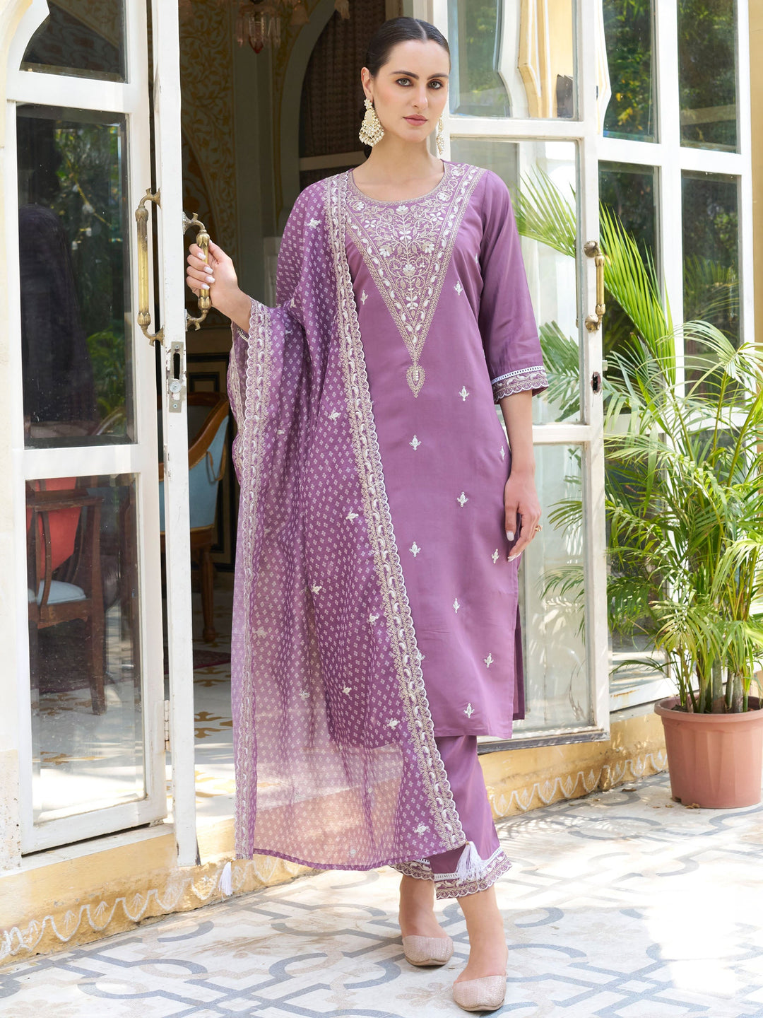 Pink Embroidered Art Silk Kurta Pant with Dupatta