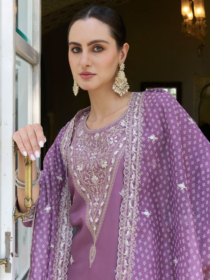 Pink Embroidered Art Silk Kurta Pant with Dupatta