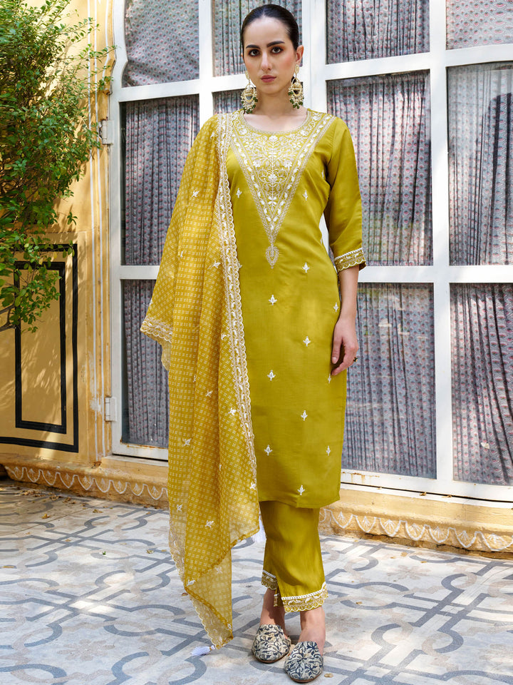 Yellow Embroidered Art Silk Kurta Pant with Dupatta