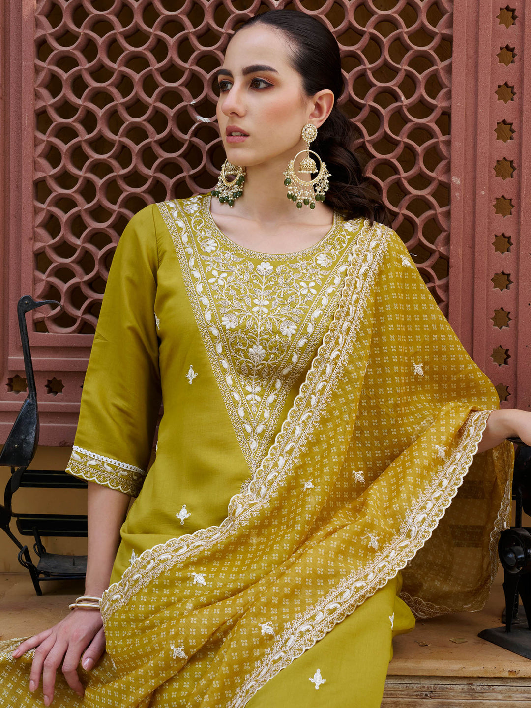 Yellow Embroidered Art Silk Kurta Pant with Dupatta