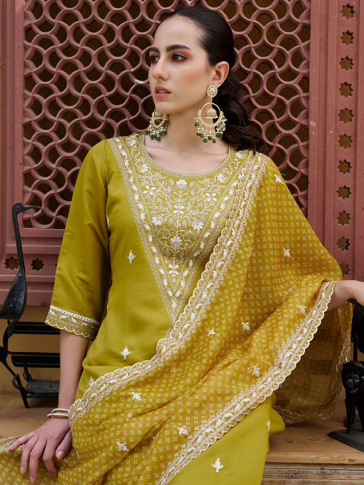Yellow Embroidered Art Silk Kurta Pant with Dupatta