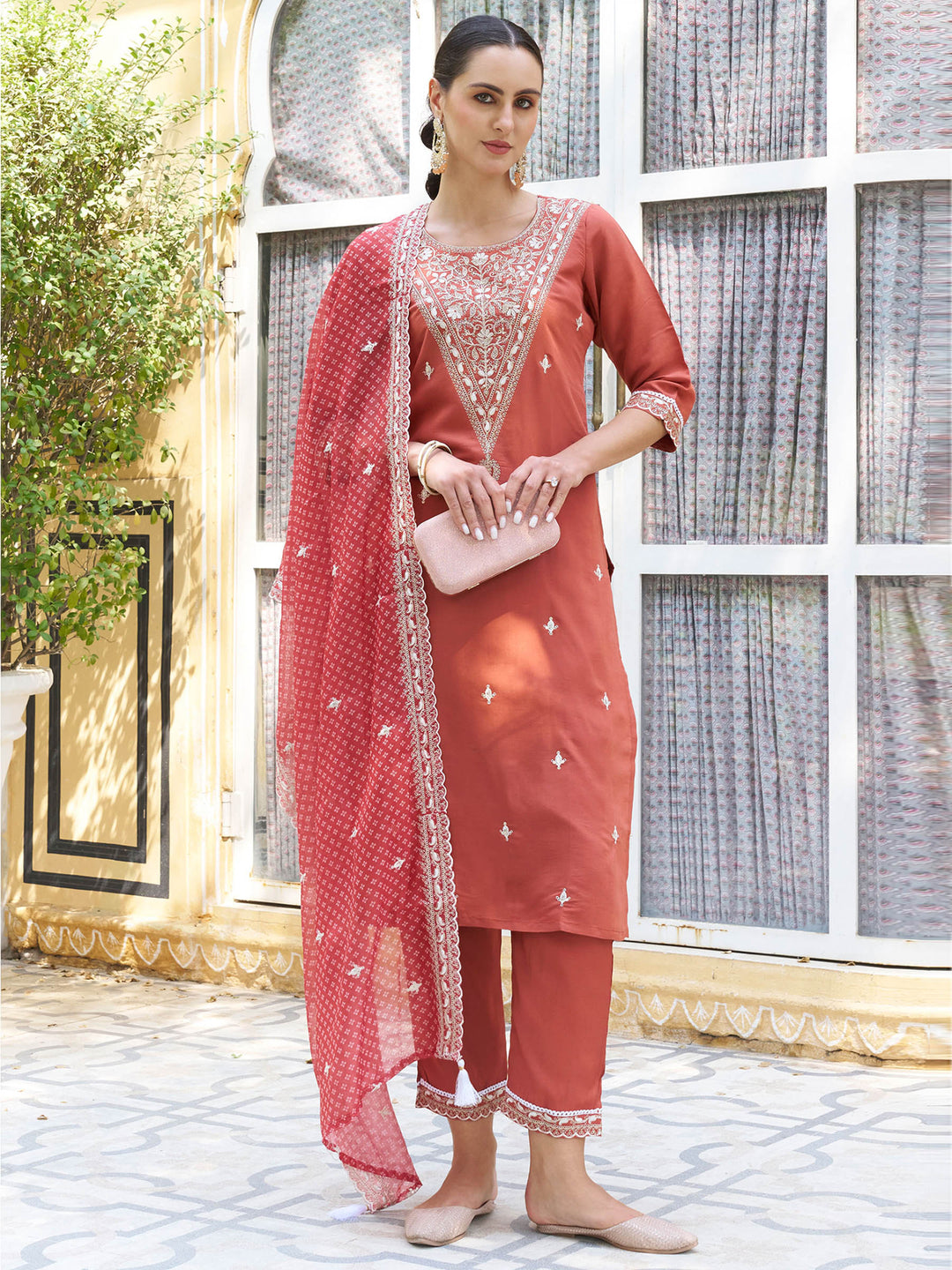 Rust Embroidered Art Silk Kurta Pant with Dupatta