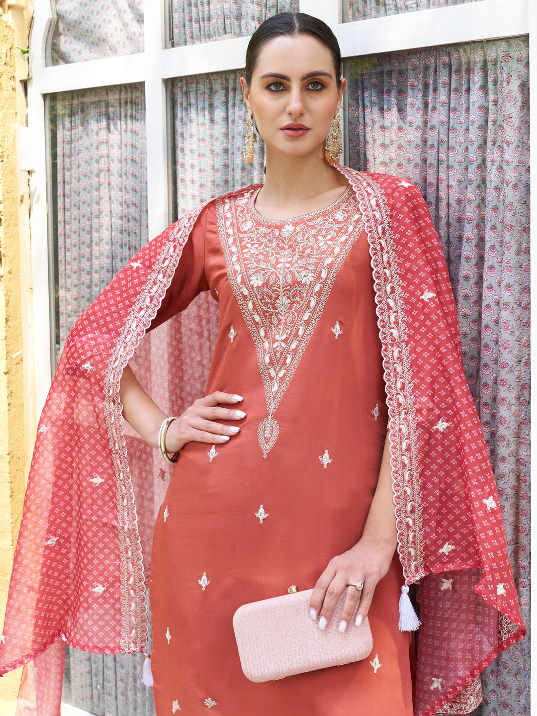 Rust Embroidered Art Silk Kurta Pant with Dupatta