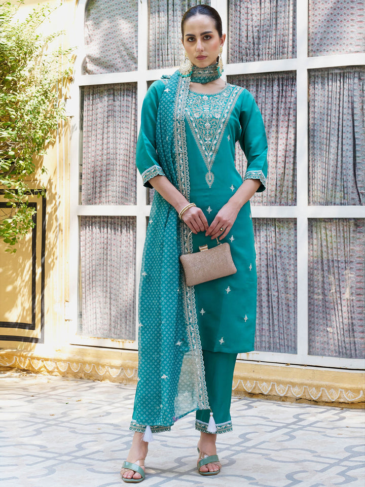 Blue Embroidered Art Silk Kurta Pant with Dupatta