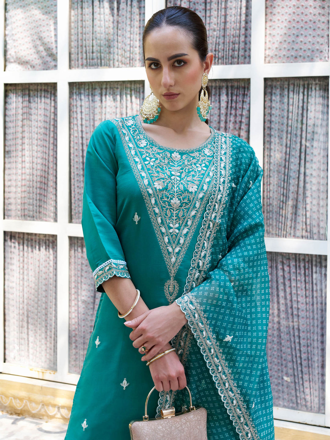 Blue Embroidered Art Silk Kurta Pant with Dupatta