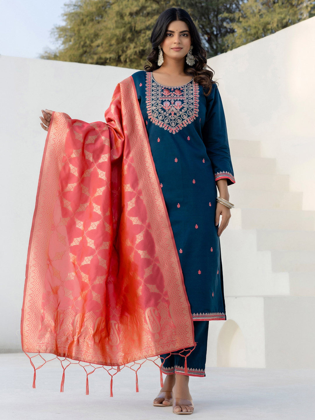 Blue Embroidered Art Silk Kurta Pant with Dupatta