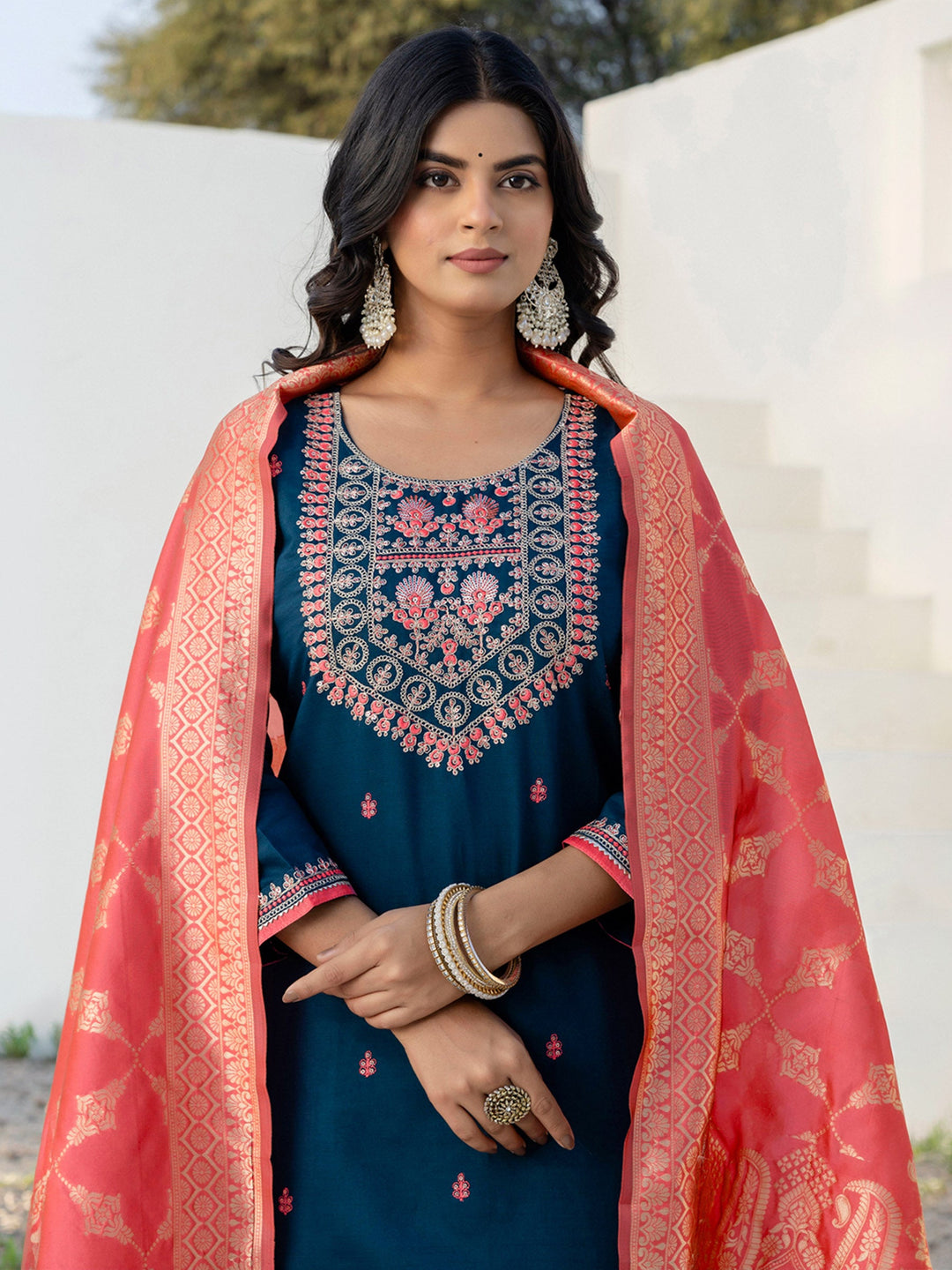 Blue Embroidered Art Silk Kurta Pant with Dupatta