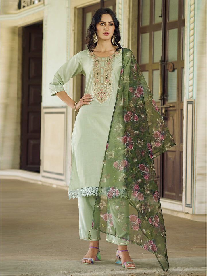 Sea Green Embroidered Art Silk Kurta Pant with Dupatta