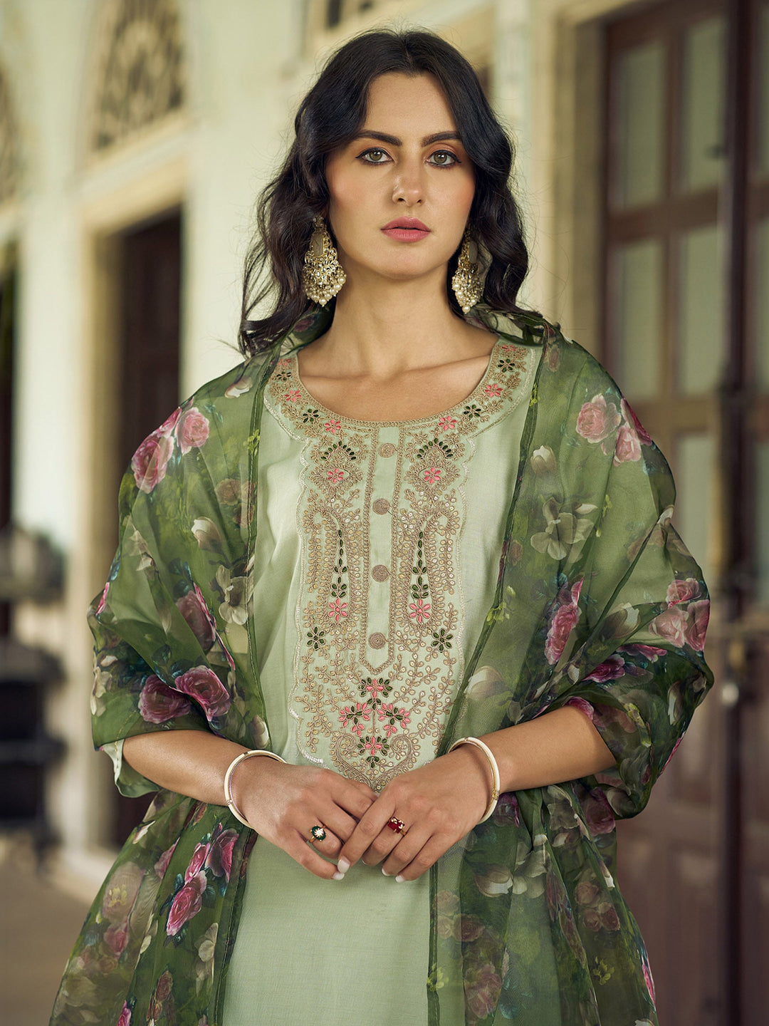 Sea Green Embroidered Art Silk Kurta Pant with Dupatta