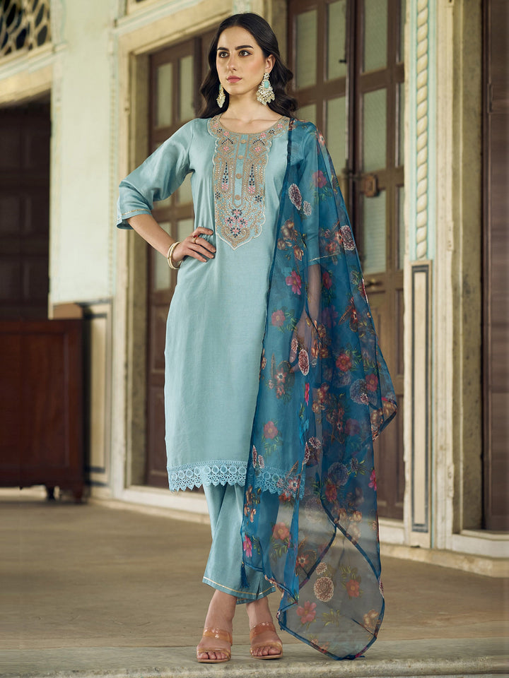 Blue Embroidered Art Silk Kurta Pant with Dupatta