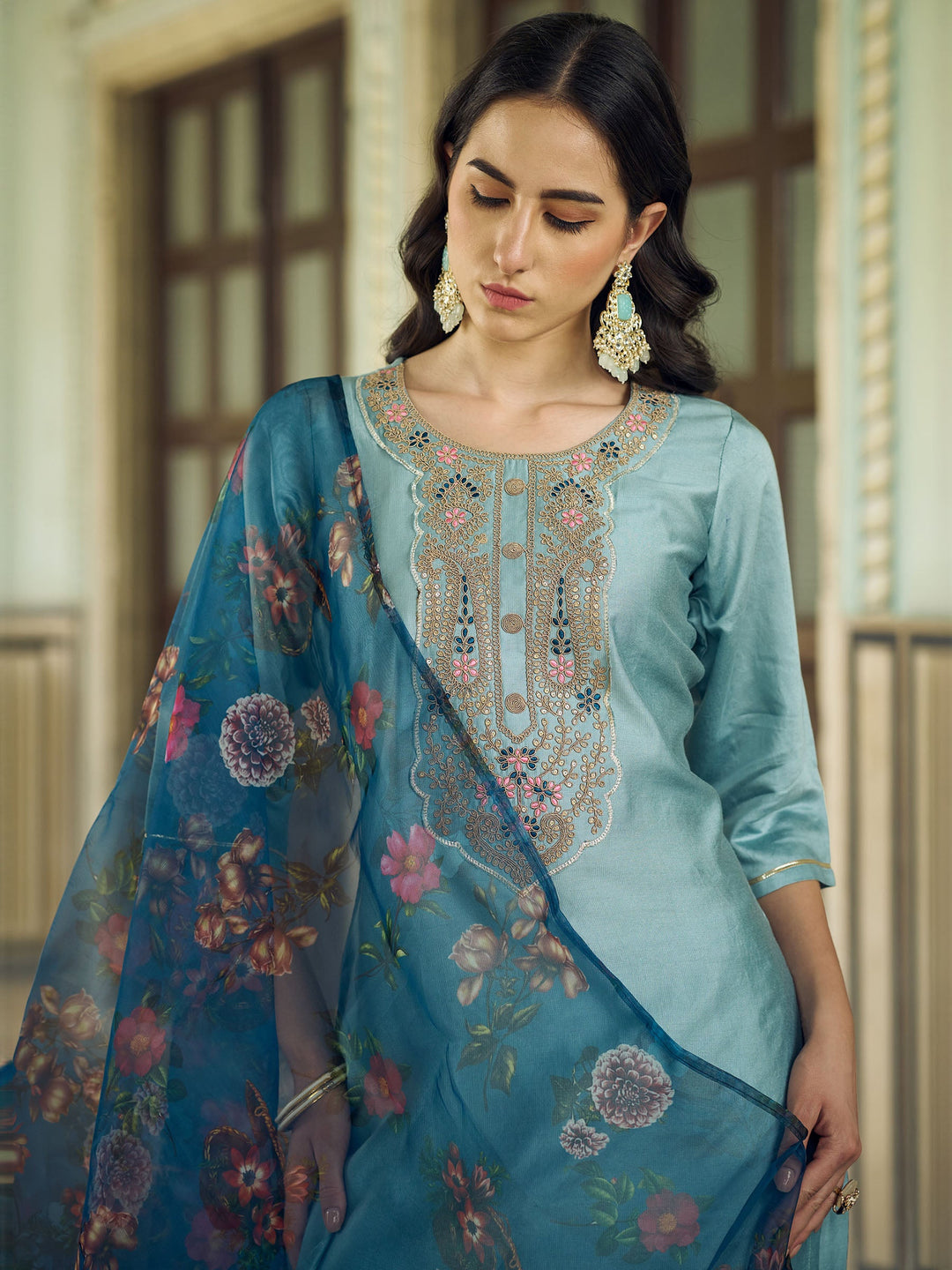 Blue Embroidered Art Silk Kurta Pant with Dupatta