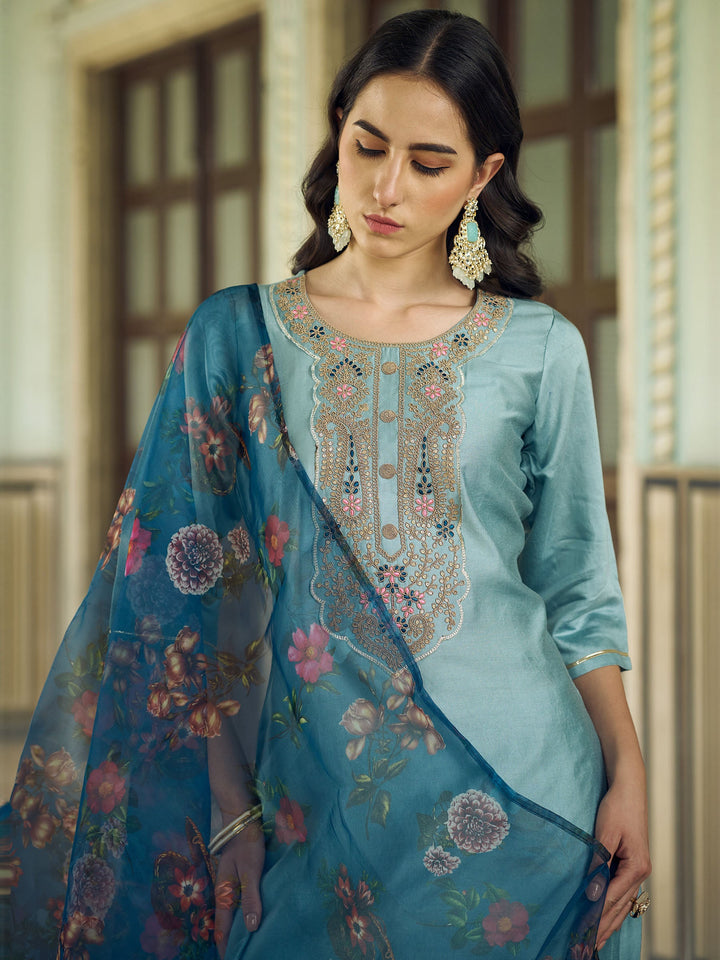 Blue Embroidered Art Silk Kurta Pant with Dupatta