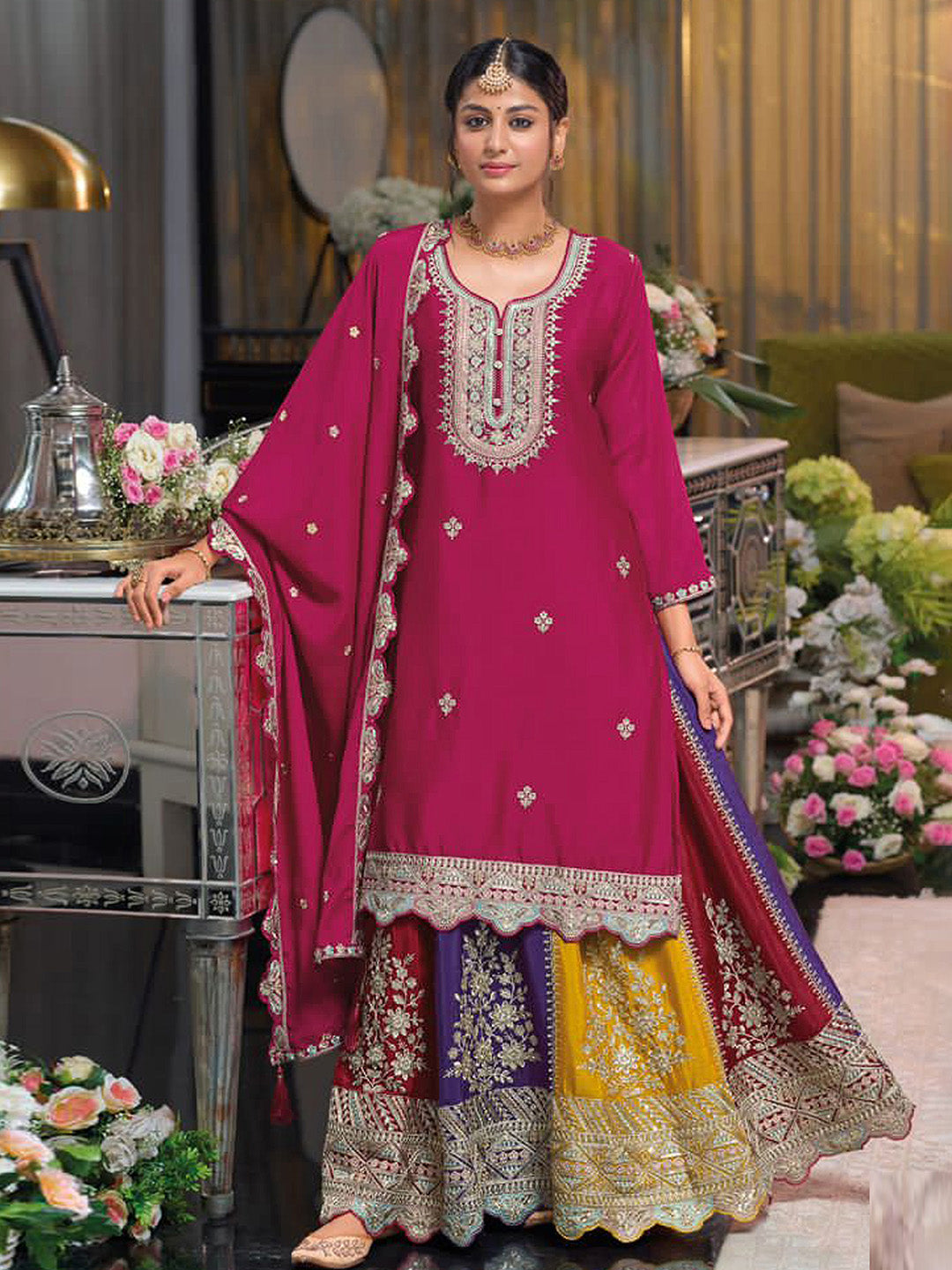 Hot Pink Embroidered Chinnon Kurta Lehenga Dupatta