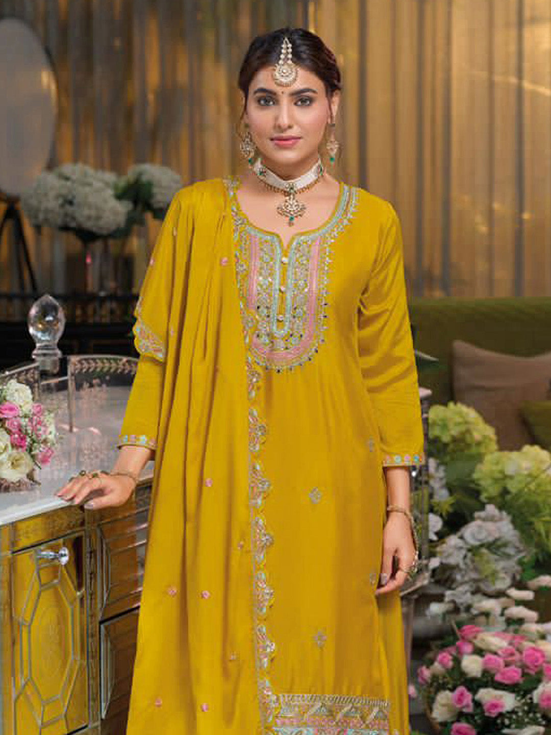 Yellow Embroidered Chinnon Kurta Lehenga Dupatta