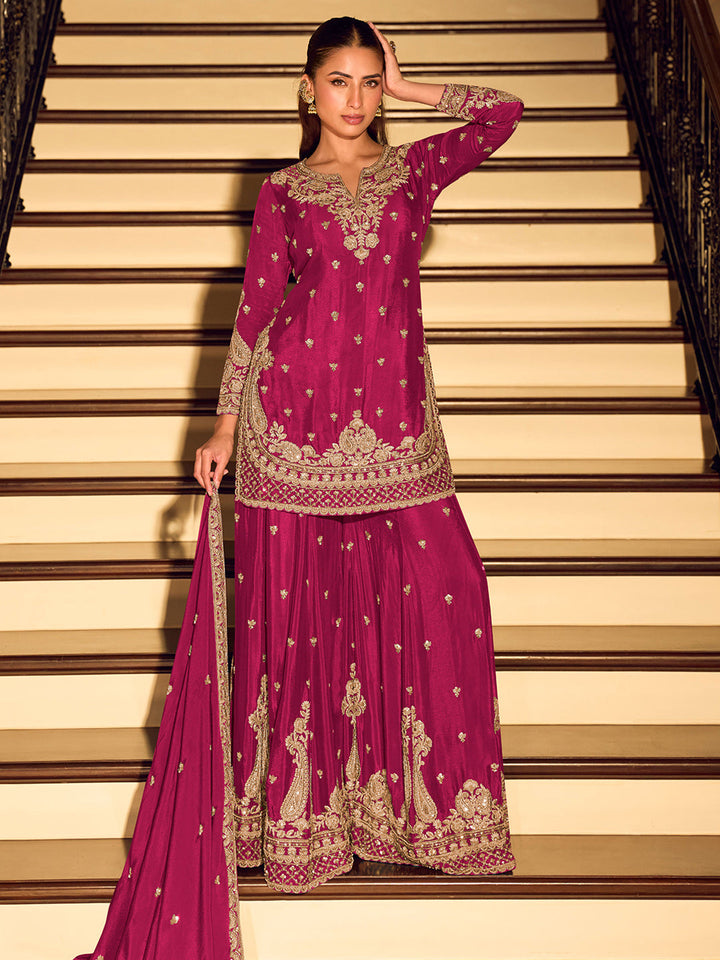 Rani Chinon Embroidered Kurta Sharara With Dupatta