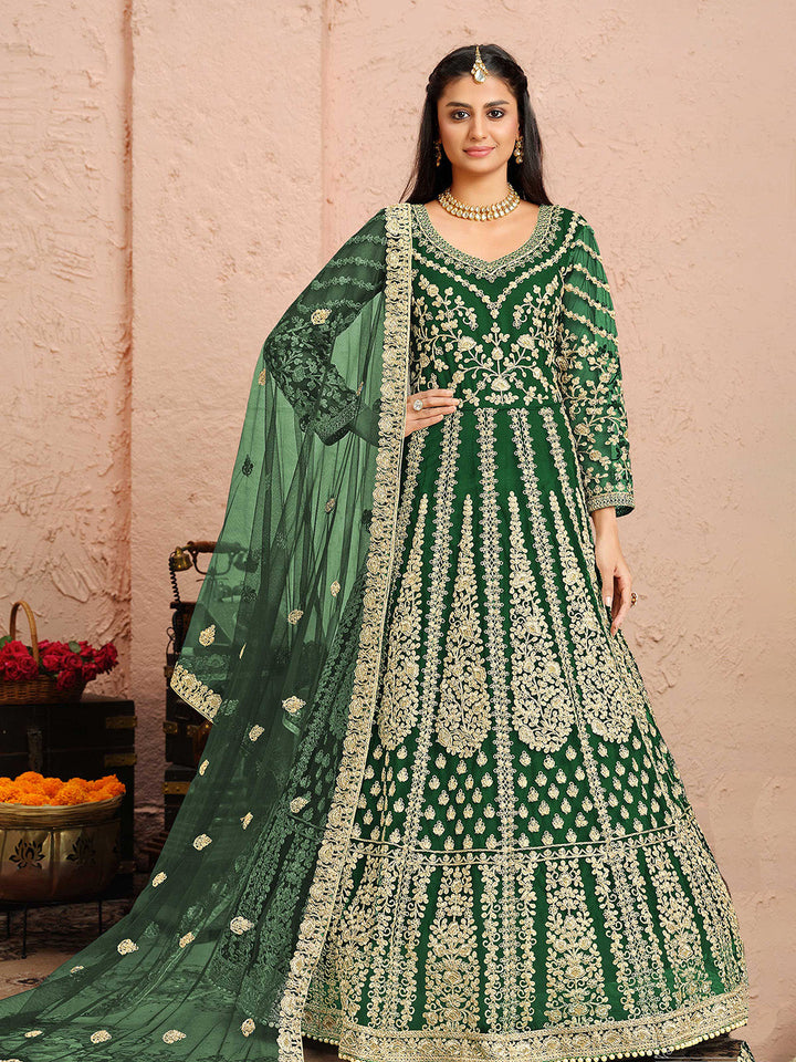 Green Embroidered Net Kurta Chudidar Dupatta