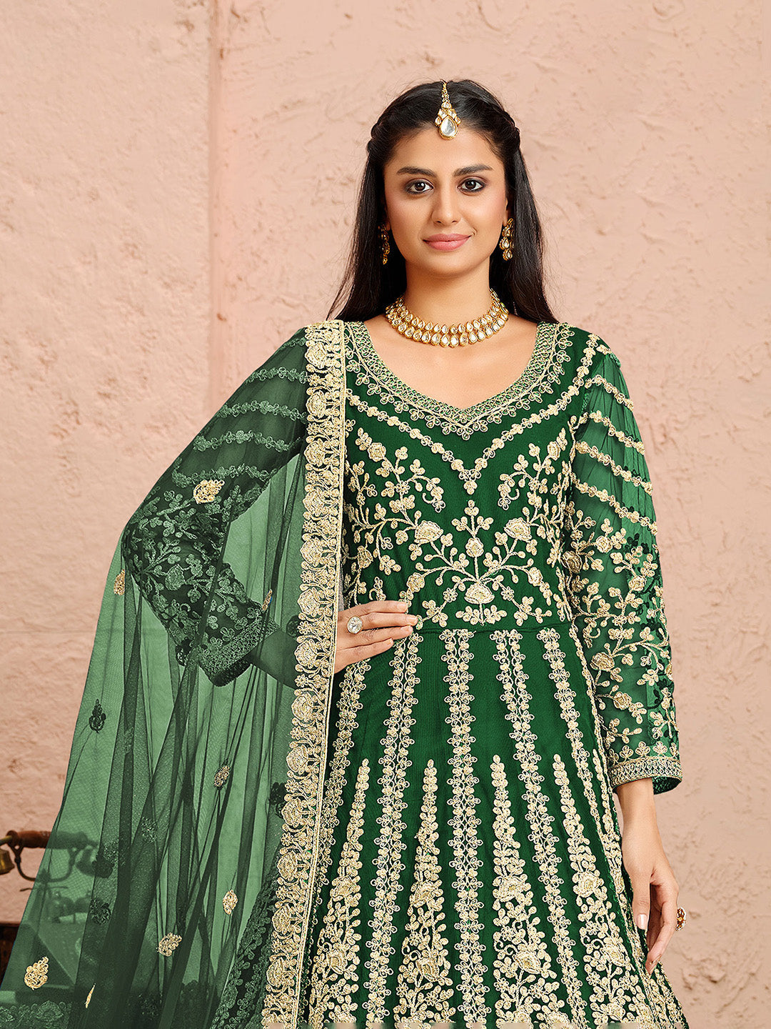 Green Embroidered Net Kurta Chudidar Dupatta