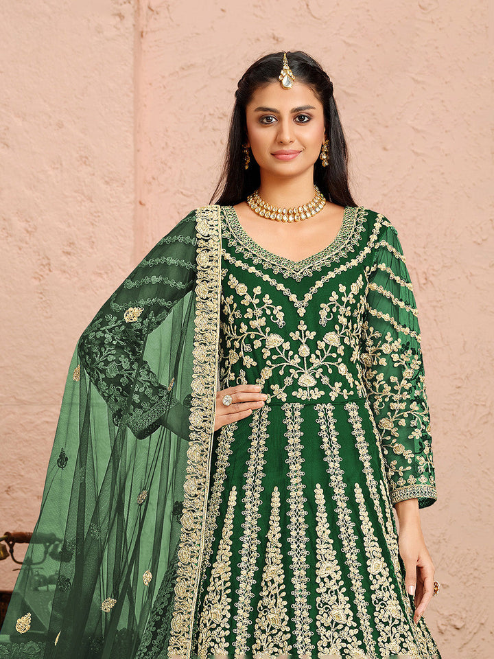Green Embroidered Net Kurta Chudidar Dupatta