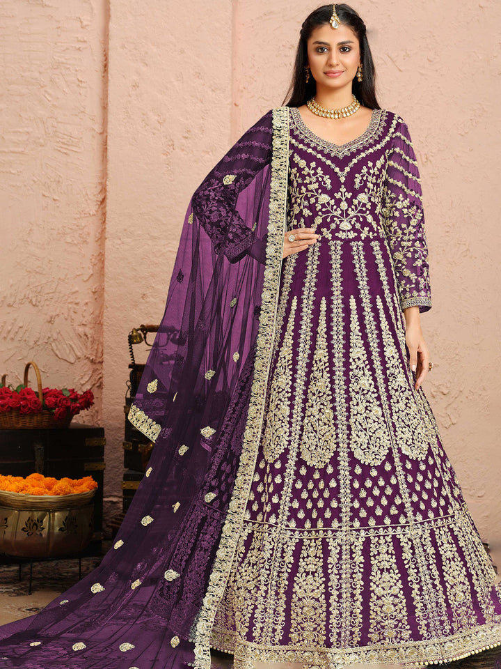 Purple Embroidered Net Kurta Chudidar Dupatta
