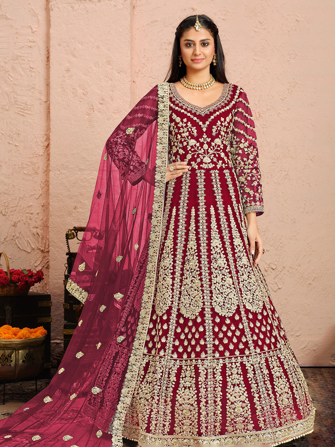 Rani Embroidered Net Kurta Chudidar Dupatta