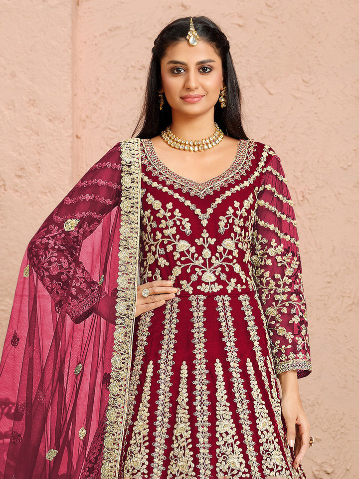 Rani Embroidered Net Kurta Chudidar Dupatta