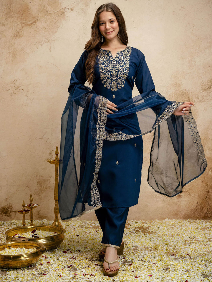 Navy Blue Embroidered Art Silk Kurta Pant with Dupatta