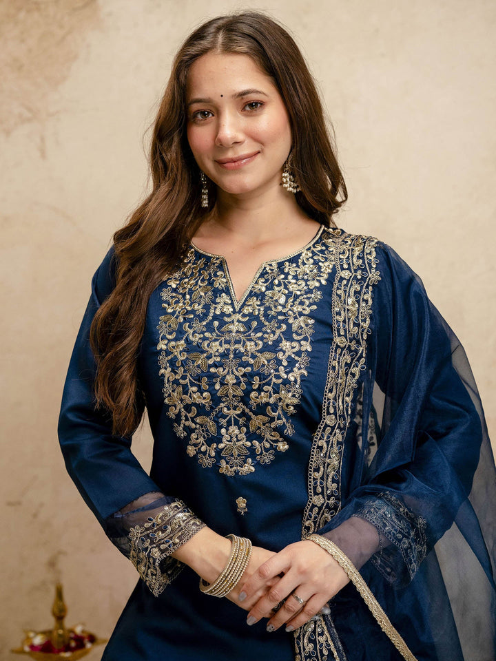 Navy Blue Embroidered Art Silk Kurta Pant with Dupatta