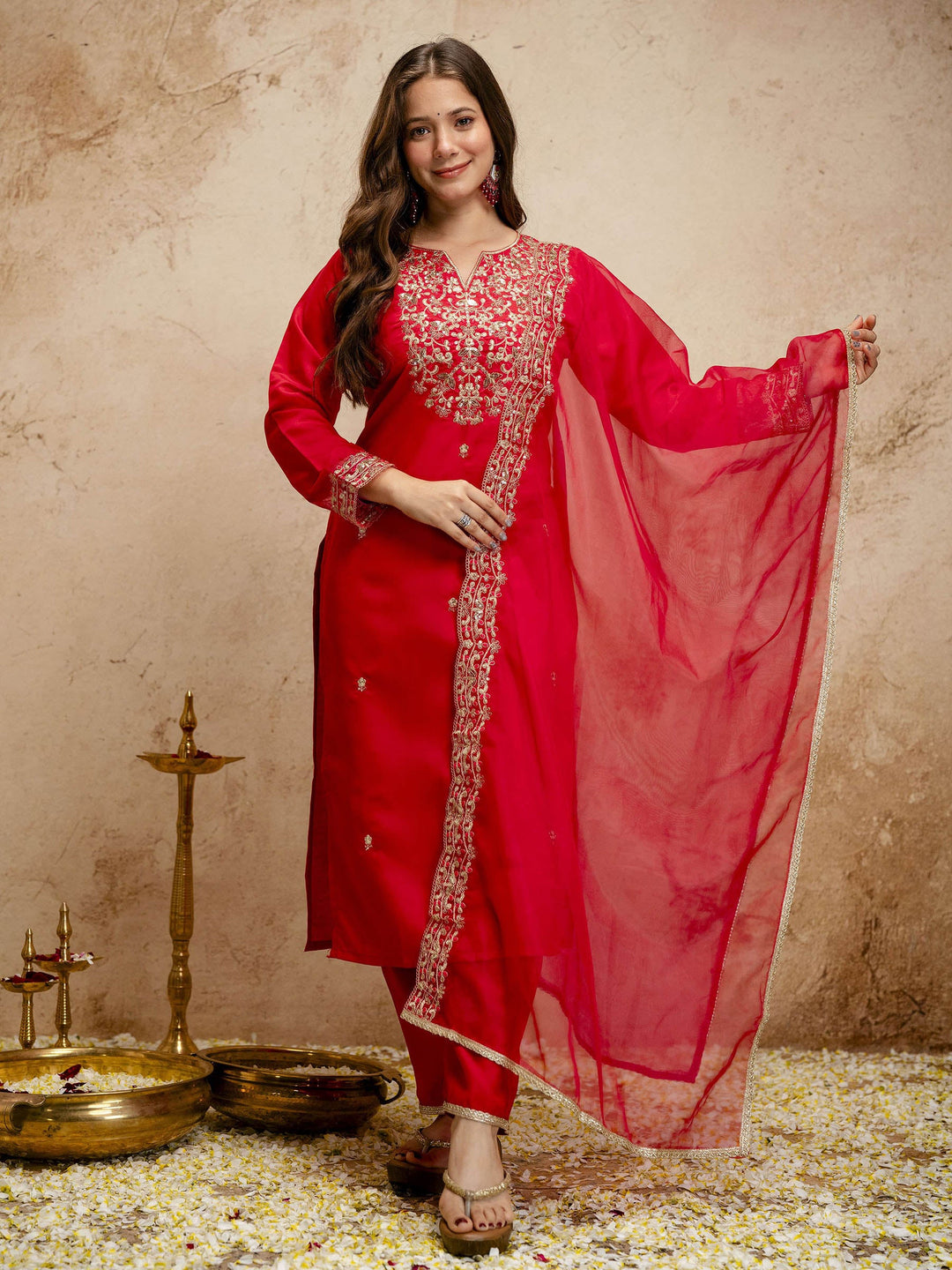 Red Embroidered Art Silk Kurta Pant with Dupatta