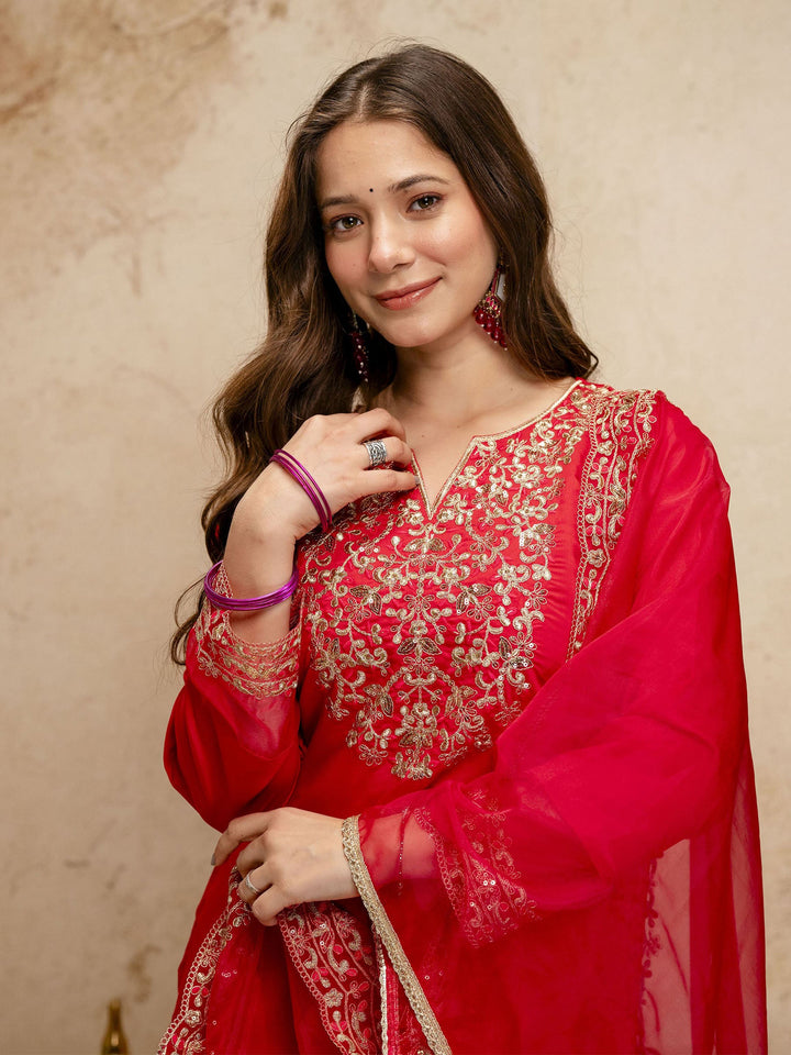 Red Embroidered Art Silk Kurta Pant with Dupatta