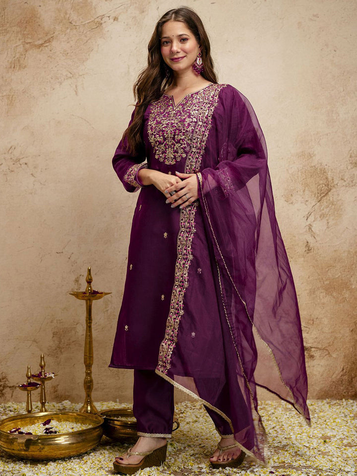 Purple Embroidered Art Silk Kurta Pant with Dupatta
