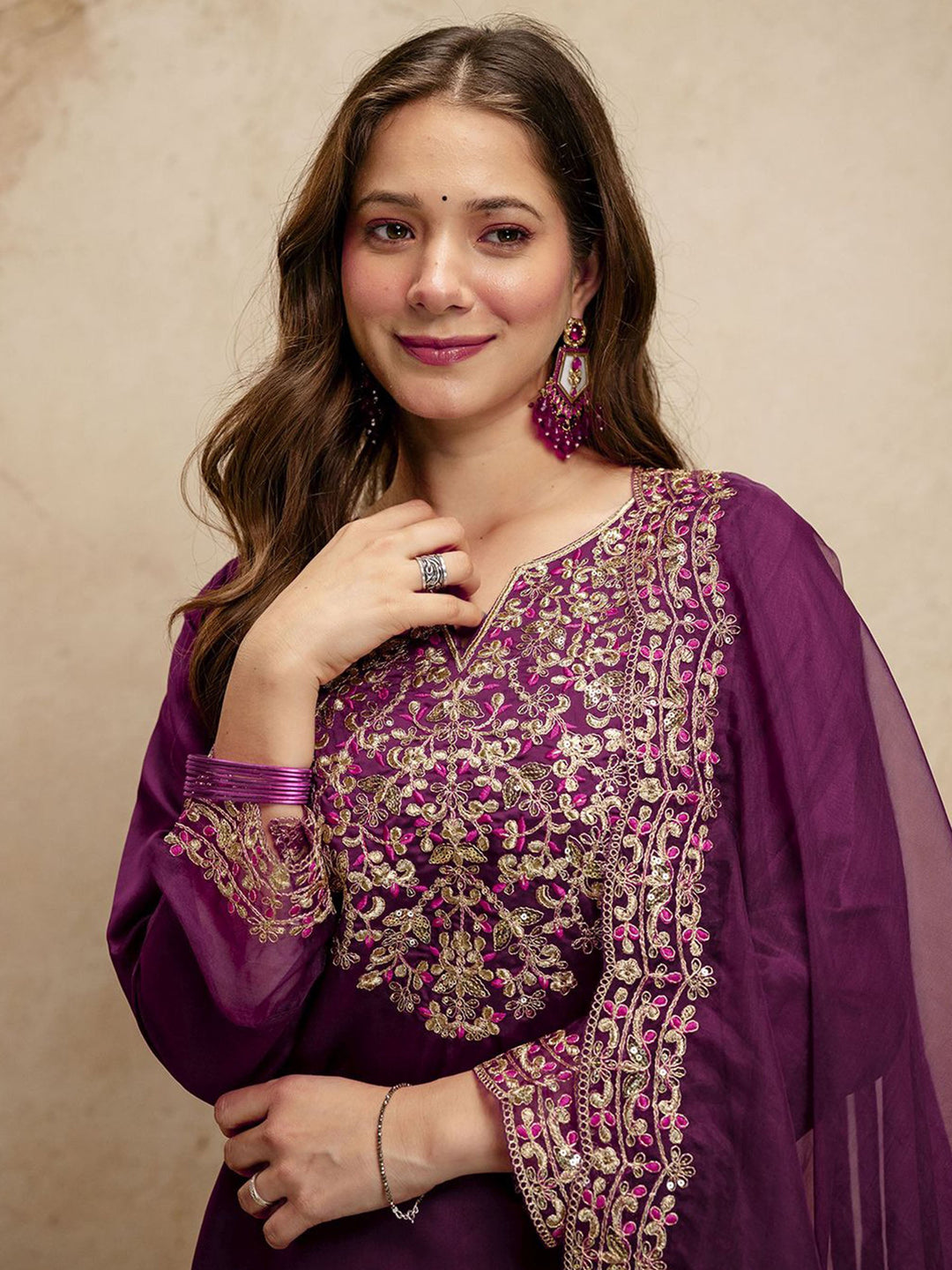 Purple Embroidered Art Silk Kurta Pant with Dupatta