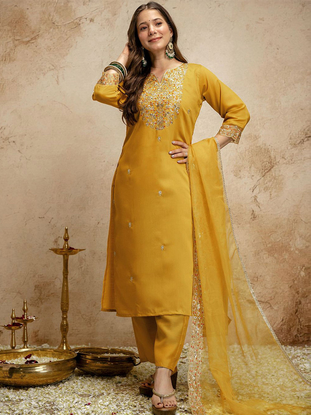 Mustard Embroidered Art Silk Kurta Pant with Dupatta