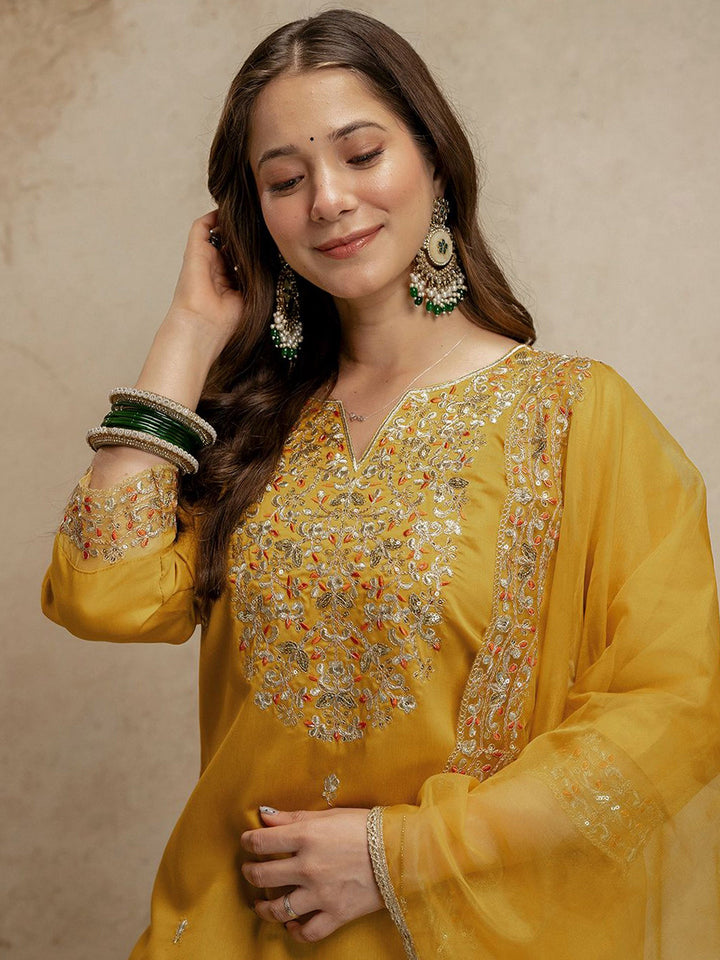 Mustard Embroidered Art Silk Kurta Pant with Dupatta