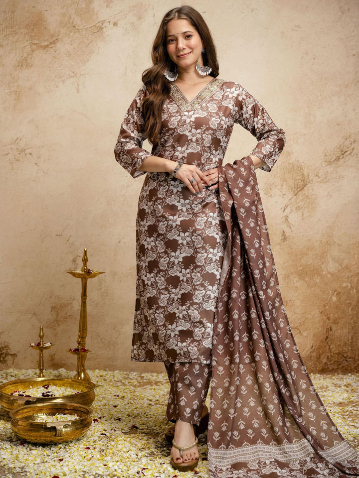 Brown Embroidered Art Silk Kurta Pant with Dupatta
