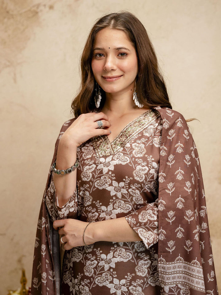 Brown Embroidered Art Silk Kurta Pant with Dupatta